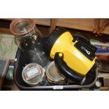 BOX OF KITCHEN STORAGE JARS, RECHARGEABLE TORCH, COAT HANGERS