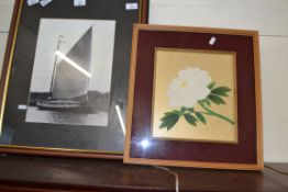 BLACK AND WHITE PHOTOGRAPHIC PRINT OF A WHERRY TOGETHER WITH A MODERN 3D PICTURE OF A FLOWER, BOTH