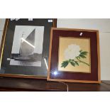 BLACK AND WHITE PHOTOGRAPHIC PRINT OF A WHERRY TOGETHER WITH A MODERN 3D PICTURE OF A FLOWER, BOTH