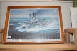 FRAMED COLOURED PRINT "HMS ARK ROYAL" BY ROBERT TAYLOR, FRAMED AND GLAZED, 59CM WIDE