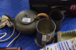 TWO PEWTER MUGS AND A PEWTER TEA POT