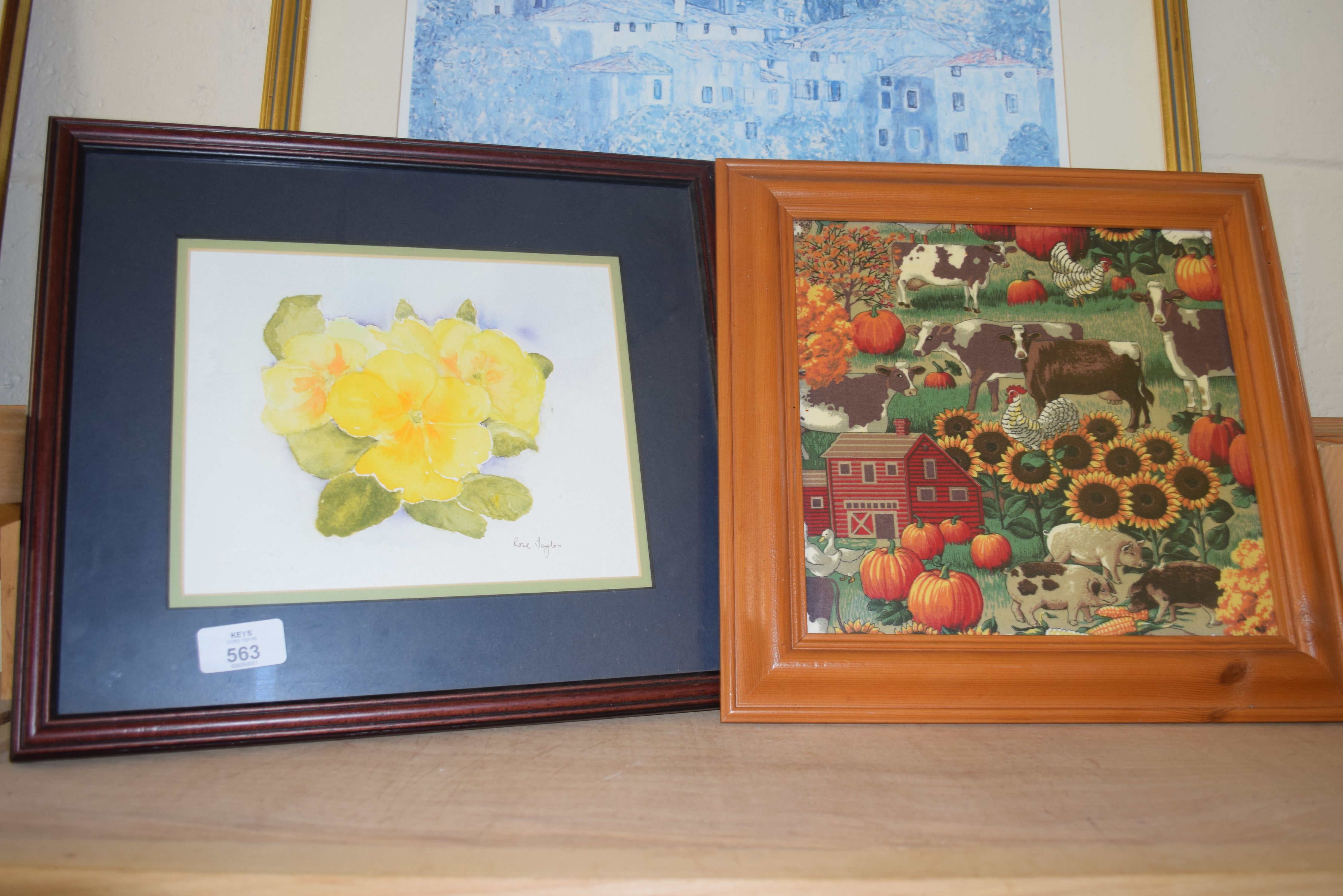 ROSE TAYLOR, A WATERCOLOUR OF PRIMROSES, TOGETHER WITH A COLOURED PRINT OF A FARMYARD SCENE