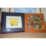 ROSE TAYLOR, A WATERCOLOUR OF PRIMROSES, TOGETHER WITH A COLOURED PRINT OF A FARMYARD SCENE