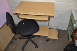 LIGHT WOOD OFFICE DESK AND ACCOMPANYING CHAIR, DESK APPROX 90CM WIDE