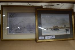 J ELLIOTT, SMALL WATERCOLOUR STUDY OF BOATS TOGETHER WITH A COLOURED PRINT, BOTH FRAMED AND