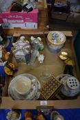 BOX OF MIXED WARES: FARMERS ARMS CUP AND SAUCER, ORIENTAL BISCUIT BARRELS, MODELS, GLASS WARE ETC