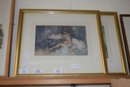 TWO COLOURED PRINTS AFTER WILLIAM RUSSELL FLINT, TOGETHER WITH A FURTHER SMALL WATERCOLOUR STUDY