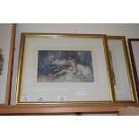 TWO COLOURED PRINTS AFTER WILLIAM RUSSELL FLINT, TOGETHER WITH A FURTHER SMALL WATERCOLOUR STUDY