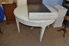 CIRCULAR EXTENDING DINING TABLE WITH SHABBY CHIC FINISH, TOGETHER WITH A SINGLE EXTENSION LEAF,