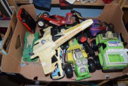 BOX OF RADIO CONTROLLED MODEL CARS, STAR WARS STARFIGHTER, MODEL TANKS ETC