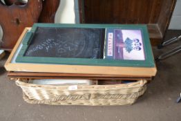 BASKET OF VARIOUS MODERN PICTURES, CHALK BOARD ETC