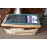 BASKET OF VARIOUS MODERN PICTURES, CHALK BOARD ETC