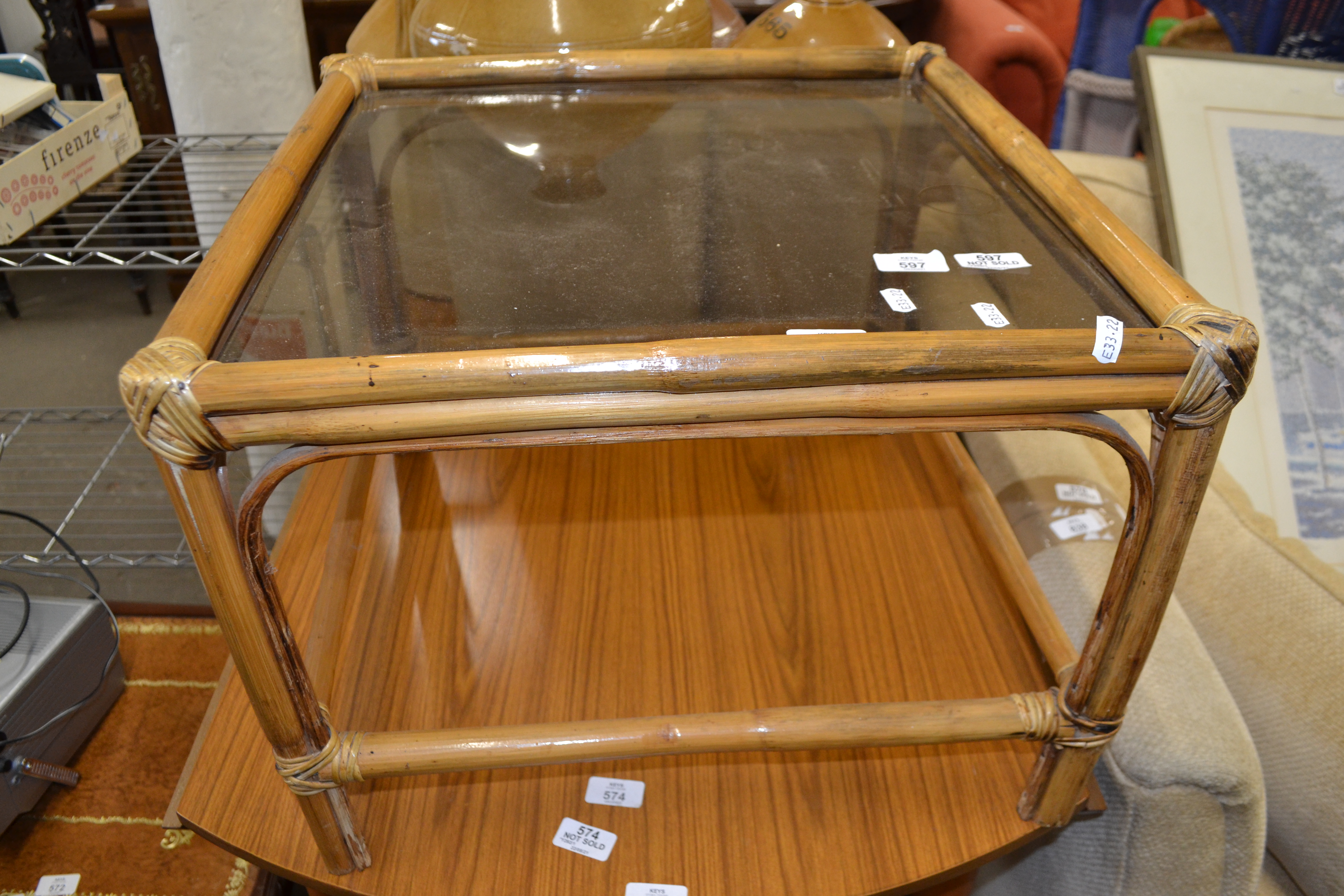 BAMBOO FRAMED GLASS TOP COFFEE TABLE, 50CM WIDE