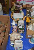 MIXED LOT: NOVELTY TEA POTS, MODEL VEHICLE, CAPO DI MONTE STYLE MODEL OF AN ORGAN GRINDER