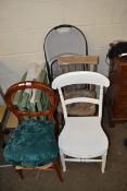 MIXED LOT: VICTORIAN BALLOON BACK DINING CHAIR, VICTORIAN STICK BACK CHAIR, WHITE PAINTED CHAIR, AND