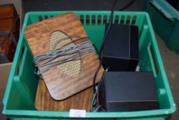 MIXED LOT: TWO VINTAGE SPEAKERS WITH VENEERED FRONTS, A FURTHER PAIR OF VINTAGE BLACK PLASTIC