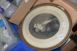 19TH CENTURY MEZZOTINT STUDY OF A YOUNG LADY SET IN AN OVAL FRAME WITH RIBBON DETAIL