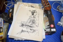 MIXED LOT: UNFRAMED WATERCOLOURS, CHARCOAL DRAWING, BLACK AND WHITE PHOTOGRAPHS ETC