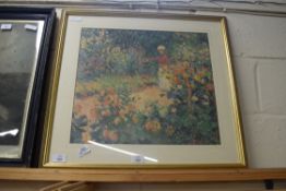 COLOURED PRINT AFTER CLAUDE MONET, 64CM WIDE, FRAMED AND GLAZED