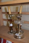 THREE SILVER METAL CANDLESTICKS