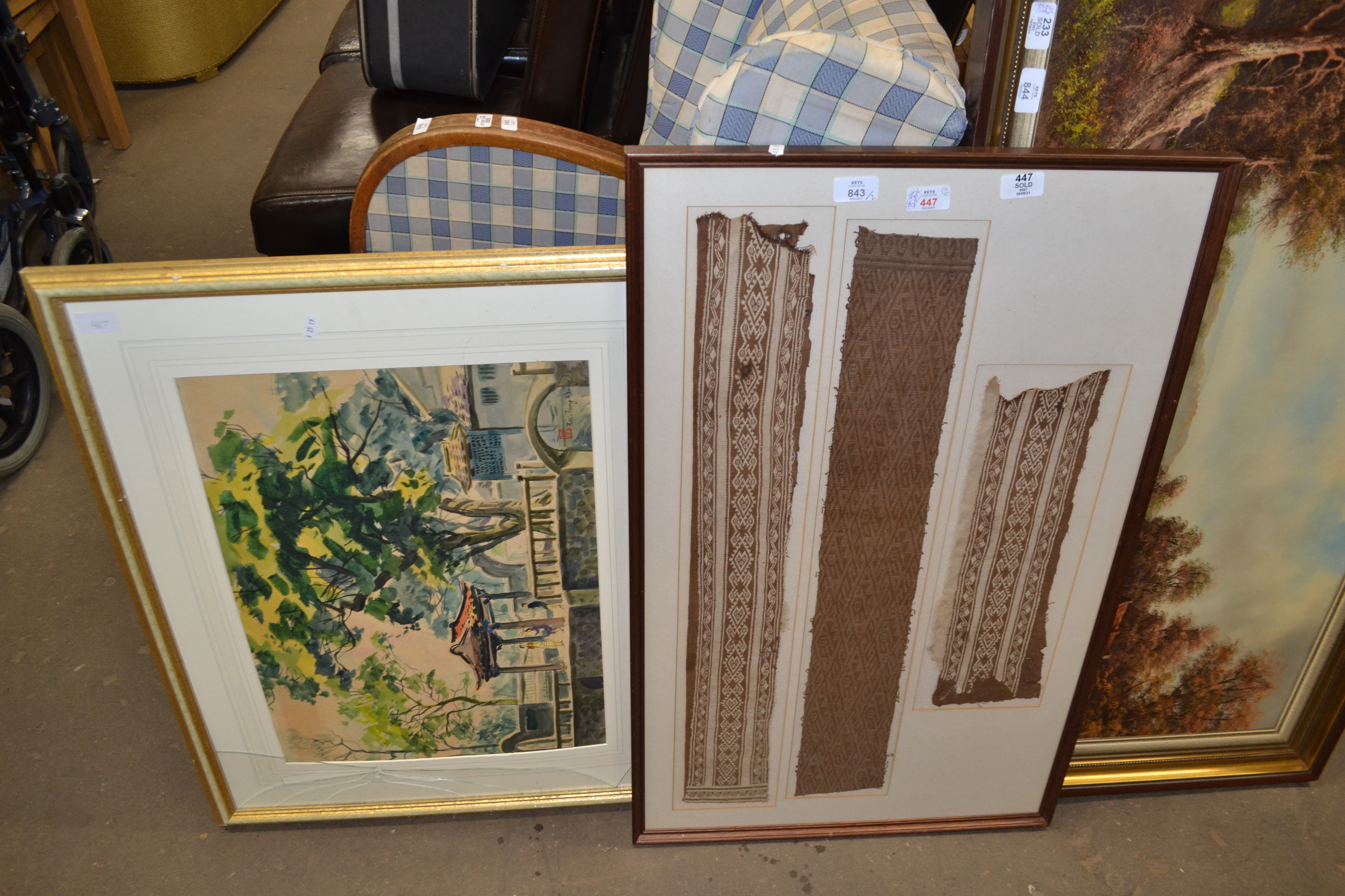 MIXED LOT: FRAMED GROUP OF FABRIC SAMPLES, TOGETHER WITH A STUDY OF A PAGODA (2)