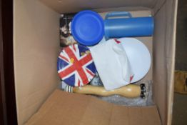 BOX OF MIXED KITCHEN WARES, OVERSIZED PEPPER GRINDER ETC