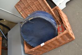 VINTAGE WICKER PICNIC HAMPER, A VINTAGE HAT BOX AND A SMALL MODERN ORIENTAL JEWELLERY BOX (3)