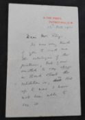 THEODORE WATTS-DUNTON [1832-1914], autograph letter signed to a Mr Rhys dated 13th Feb 1901, 2 The