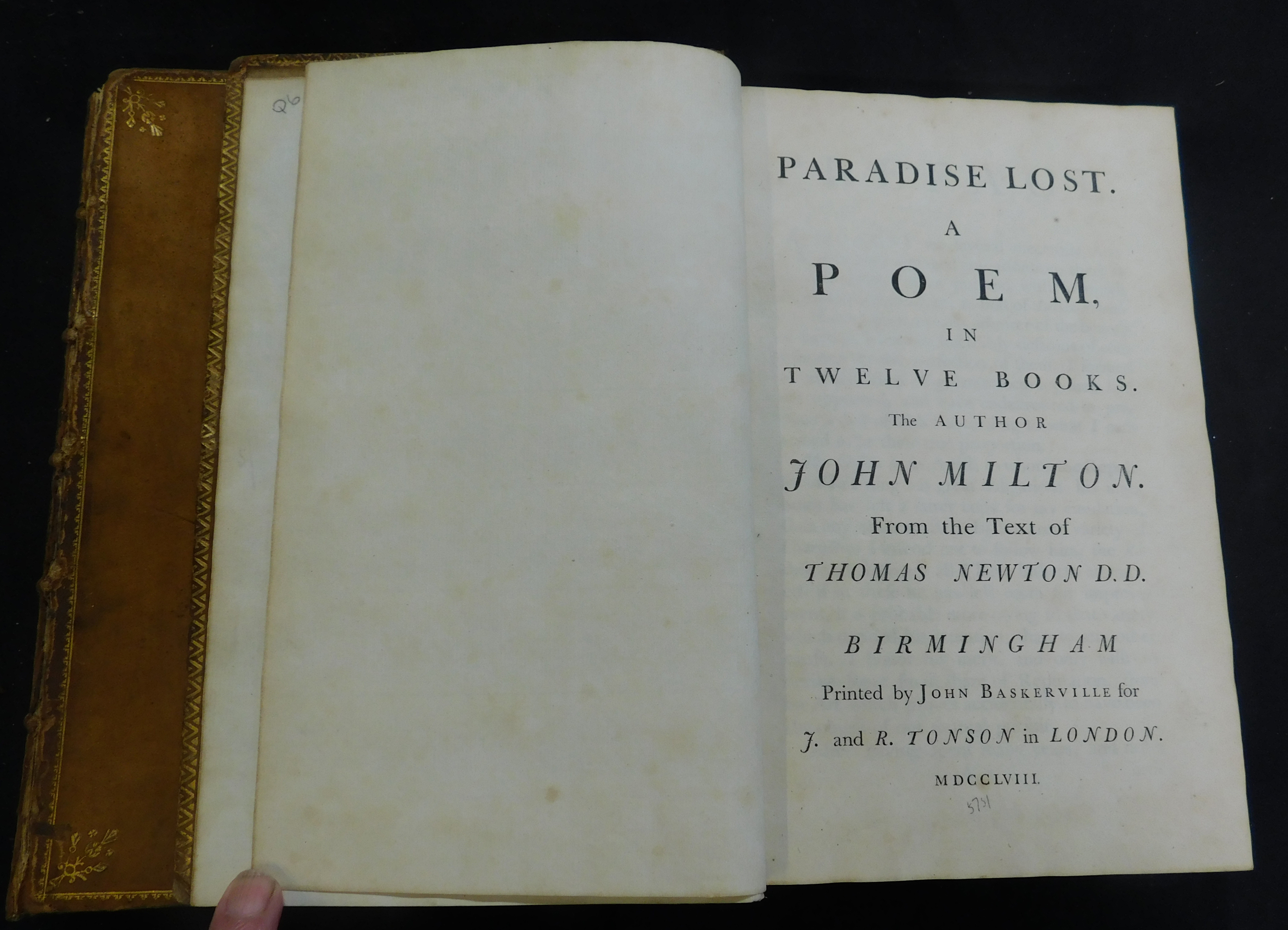 JOHN MILTON: PARADISE LOST - PARADISE REGAIN'D, Birmingham, printed by John Baskerville for J & R