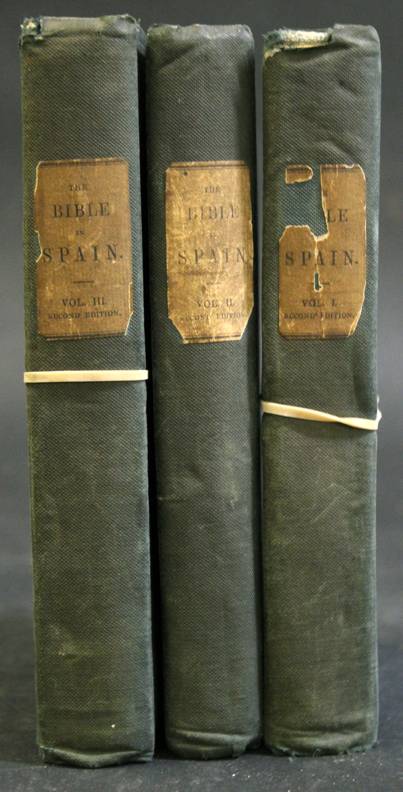 GEORGE BORROW: THE BIBLE IN SPAIN..., London, John Murray, 1843, 2nd edition, 3 vols, half titles,