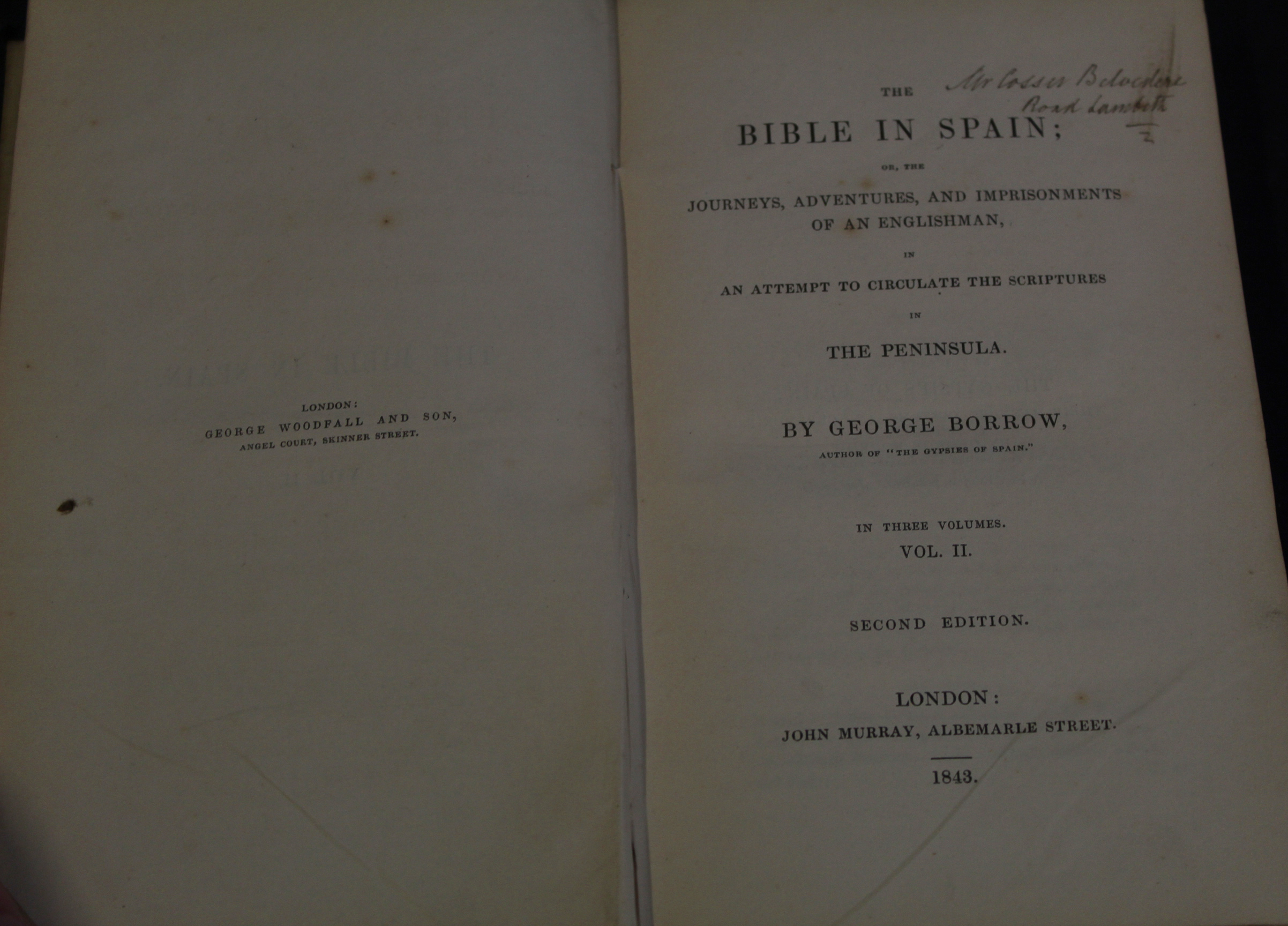 GEORGE BORROW: THE BIBLE IN SPAIN..., London, John Murray, 1843, 2nd edition, 3 vols, half titles, - Image 2 of 2