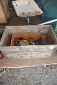 VINTAGE CHOICE DATES WOODEN CRATE WITH TWO VINTAGE CAR LIGHTS AND A TEA CHEST