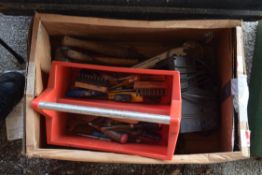 BOX OF HAND TOOLS INCLUDING HAMMERS ETC WITH BATTERY CHARGER