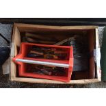 BOX OF HAND TOOLS INCLUDING HAMMERS ETC WITH BATTERY CHARGER