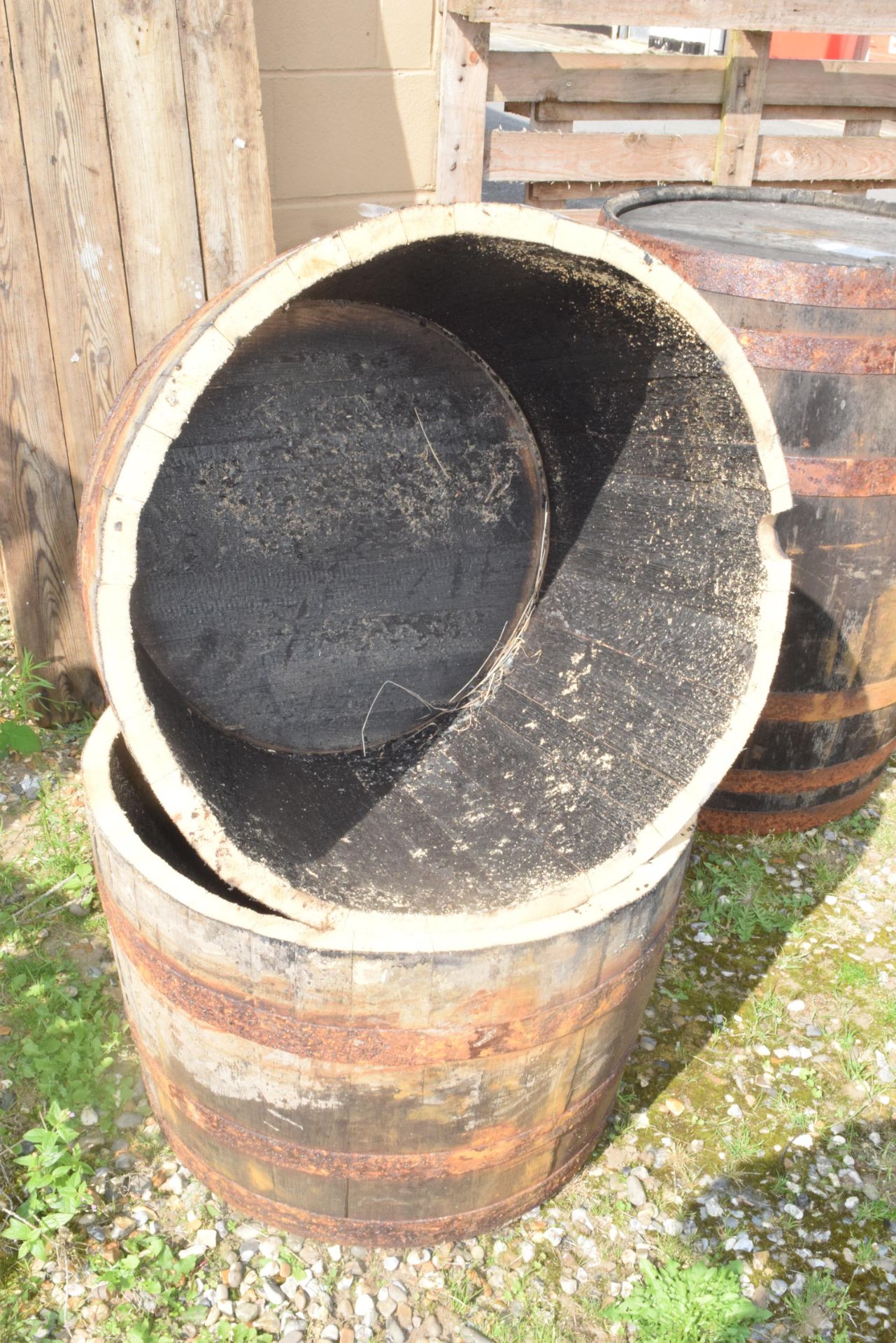 PAIR OF HALF WHISKY BARREL PLANTERS, HEIGHT APPROX 45CM