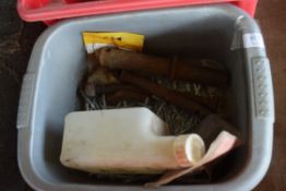 TUB OF GALVANISED NAILS AND A FUEL MIXING BOTTLE