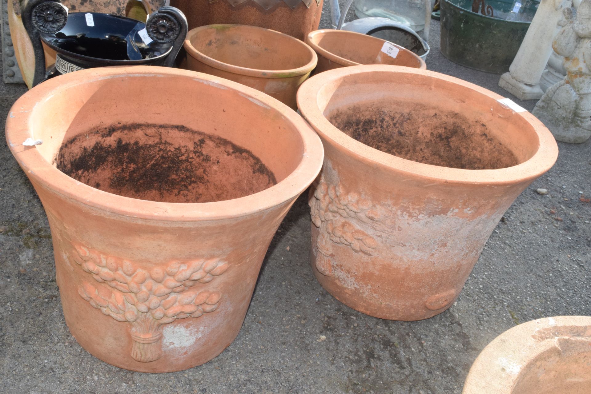 PAIR OF DECORATIVE TERRACOTTA PLANTERS, HEIGHT 32CM