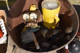 GALVANISED BUCKET CONTAINING BRUSHES, TORCHES, VINTAGE PRESSURE GAUGES ETC