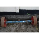 VINTAGE CAST WHEELS AND AXLE, WIDTH 98CM
