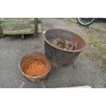 TWO CAST IRON BOWLS, ONE WITH STAND