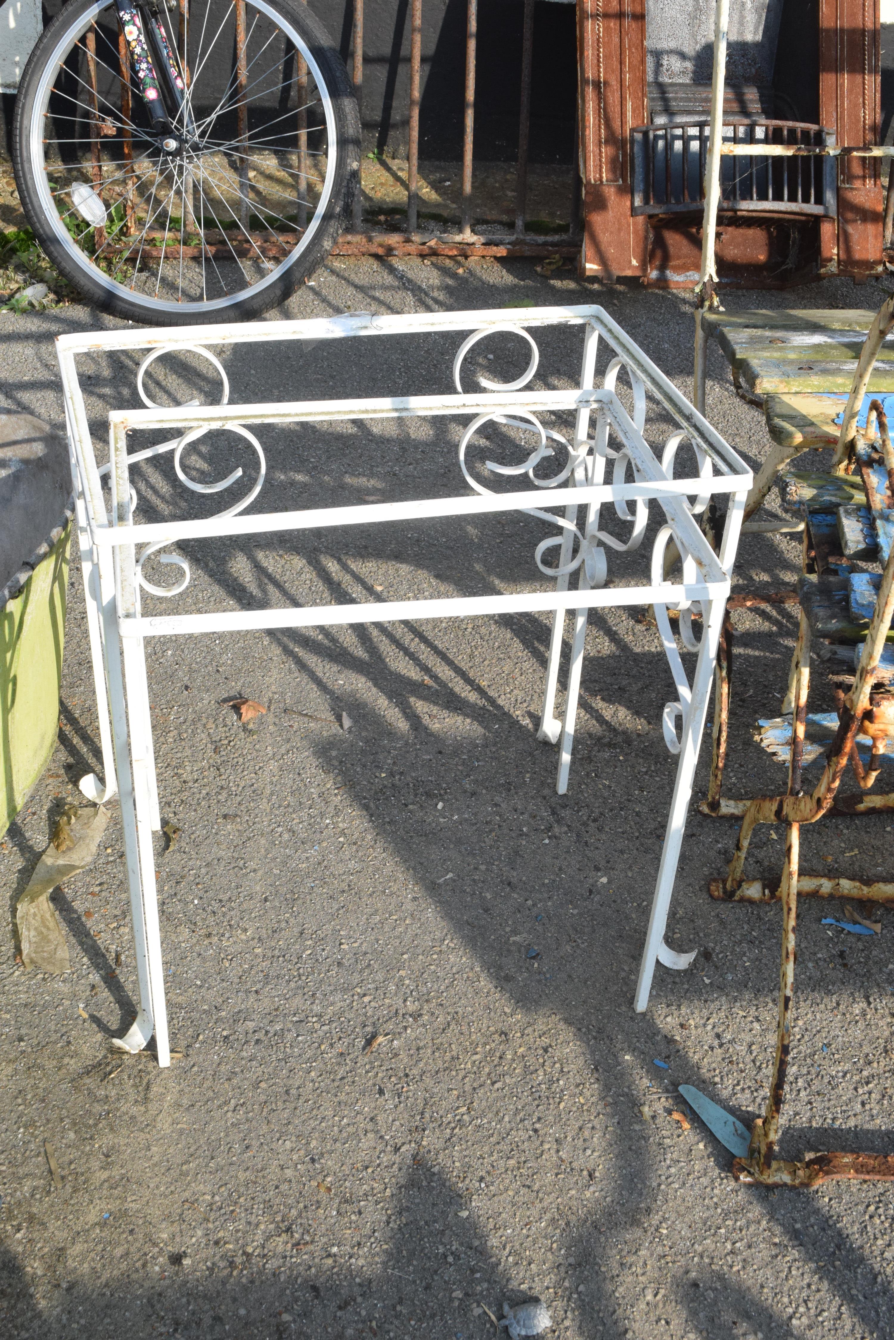 TWO METAL SIDE TABLES, GLASS MISSING