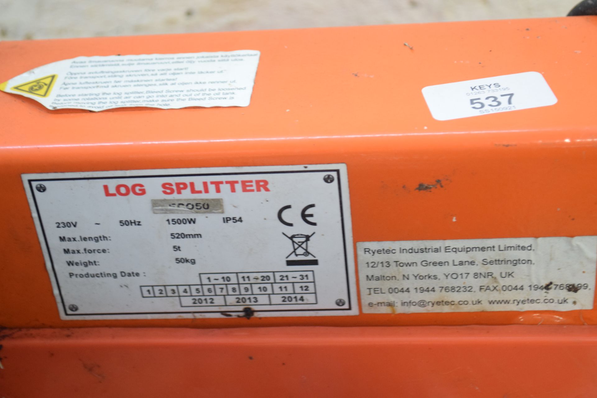 RYTEC 1500W LOG SPLITTER - Image 2 of 2