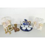 MIXED LOT OF FAIRY DECORATED BOOKENDS, MODERN TEA SET FROM THAILAND, VARIOUS MINIATURE BRASS ITEMS