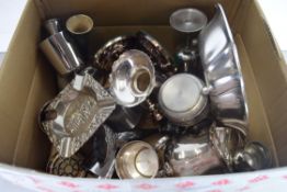 BOX OF MIXED SILVER PLATED WARES TO INCLUDE CANDLESTICKS, VASES, GOBLETS, CHRISTENING CUPS ETC