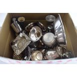 BOX OF MIXED SILVER PLATED WARES TO INCLUDE CANDLESTICKS, VASES, GOBLETS, CHRISTENING CUPS ETC