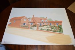 PETER EMMS STUDY OF A NEW BUILD HOUSE TOGETHER WITH A FURTHER COLOURED PRINT, HUNTSMAN WITH HARE