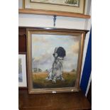 OIL ON CANVAS STUDY, DOG IN COUNTRY SETTING, GILT FRAMED, 70CM HIGH
