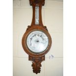 VICTORIAN OAK CASED ANEROID BAROMETER AND THERMOMETER COMBINATION