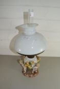 LATE 19TH/EARLY 20TH CENTURY SMALL OIL LAMP WITH OPAQUE GLASS SHADE AND CONTINENTAL PORCELAIN BASE