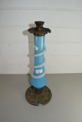 19TH CENTURY CANDLE HOLDER WITH BLUE GLASS STEM AND BASE METAL FOOT